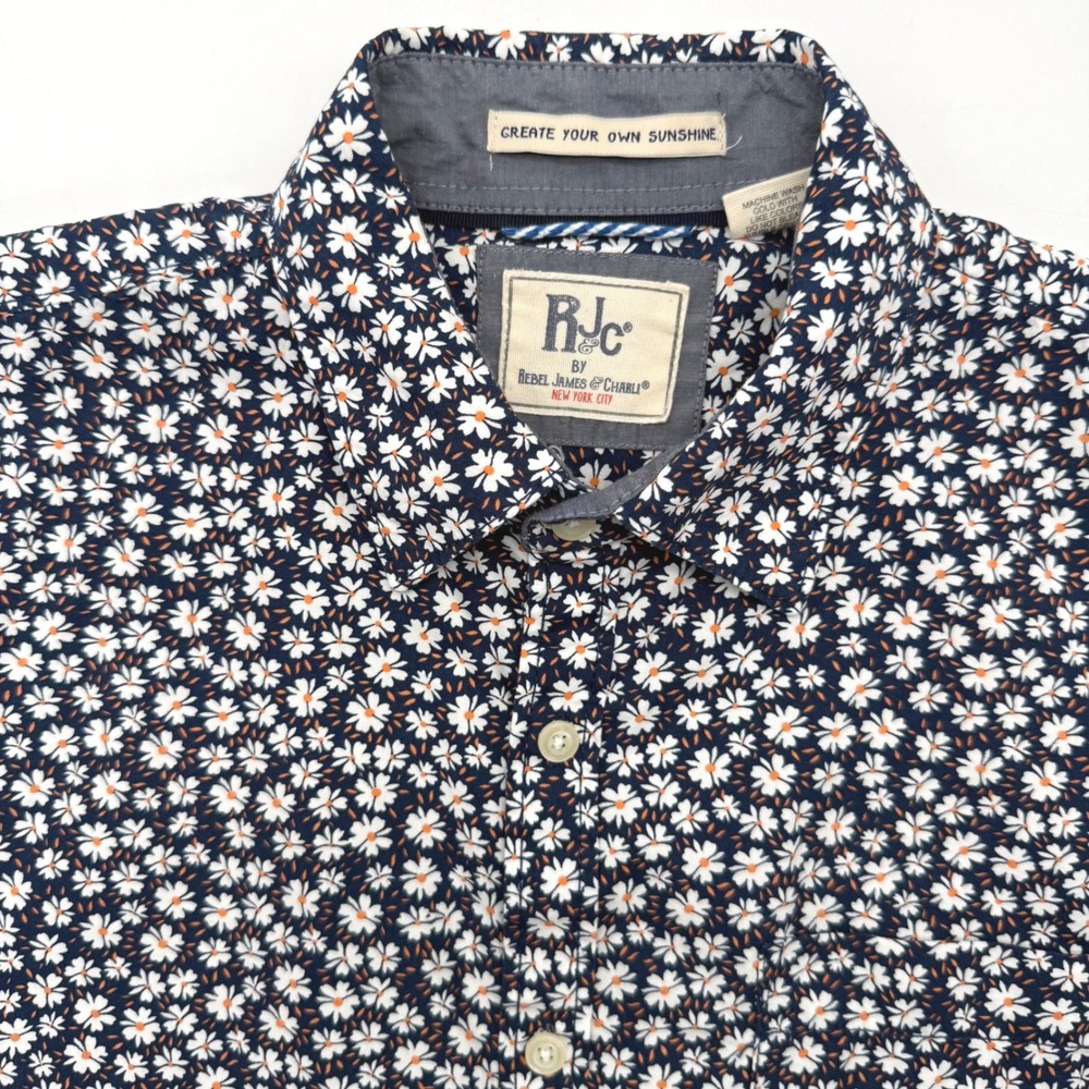 RJC Button Down Mens Large Navy Blue Daisy Floral Rebel James & Charli Short Slv
